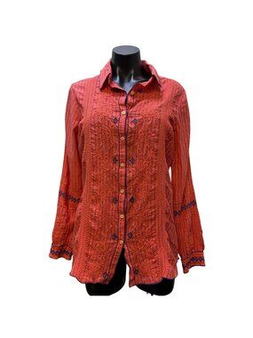 Johnny Was 3J Workshop Pink & Blue Embroidered Button-Down Blouse S